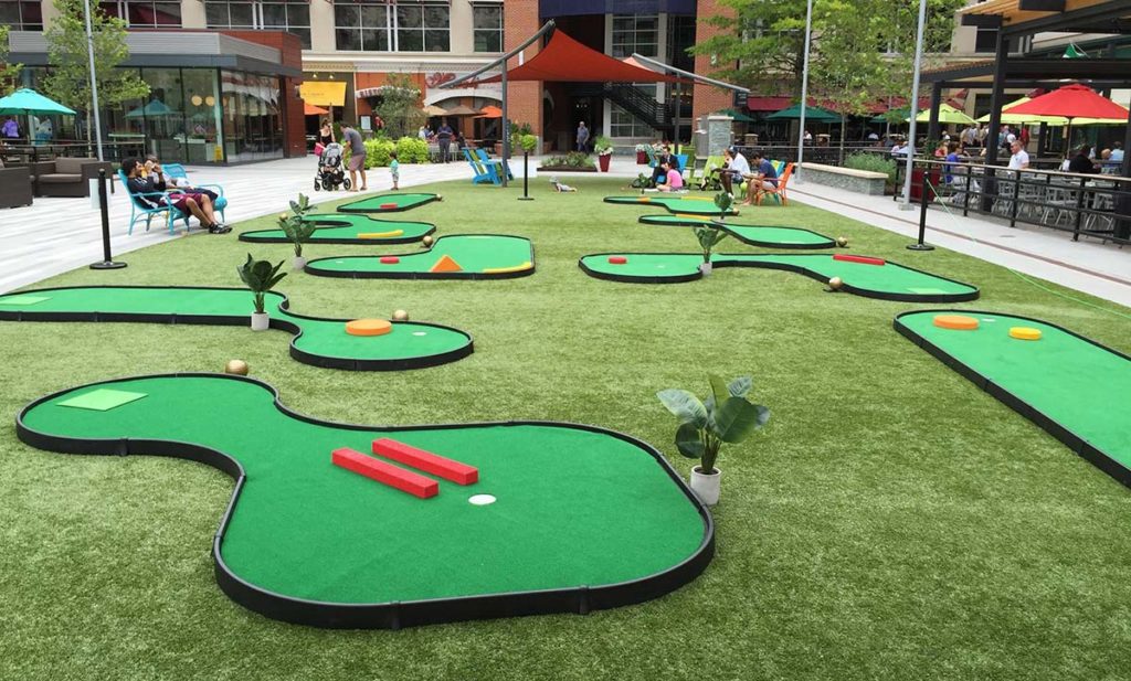 MiniLinks golf course holes at a shopping mall courtyard have enough depth for sunken golf holes