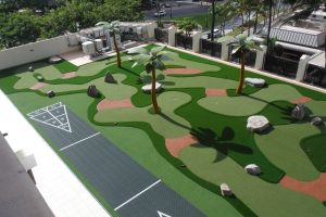 Looking down on the AGS shuffleboard court panels and the AGS mini golf course with faux palm trees