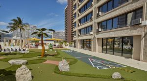 Golf balls and putters on the mini golf course next to the shuffleboard court with disks and cues