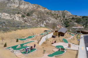 The back 9 of The Little Bully Pulpit concrete Mini Golf Course in Medora, ND built on a hillside