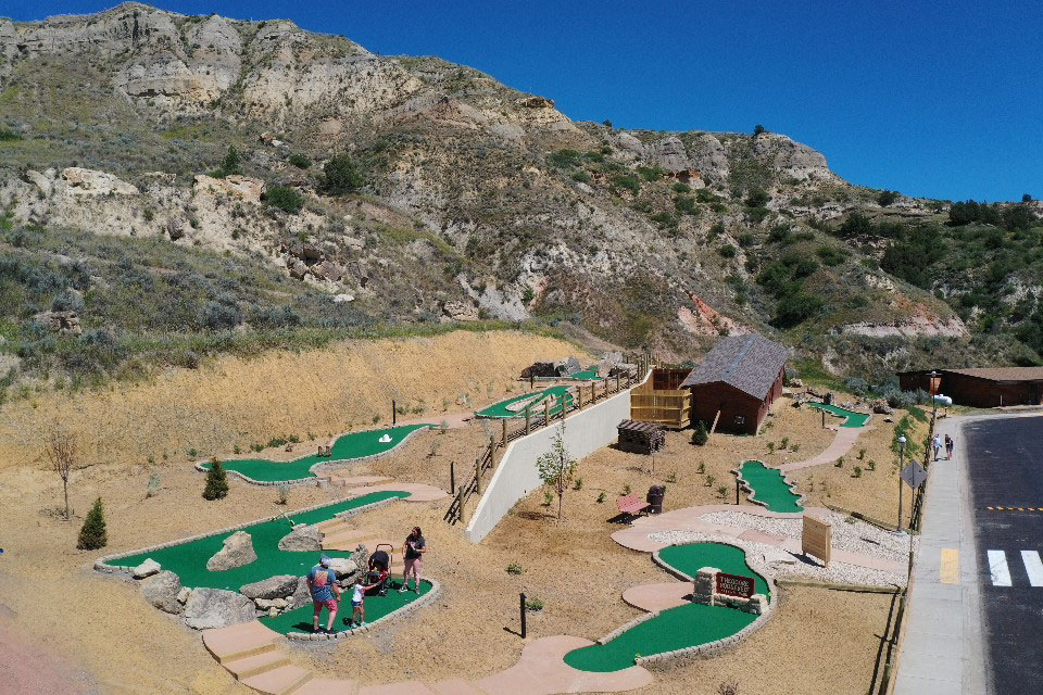 Back nine of the Little Bully Pulpit concrete miniature golf course in Medora, ND is built on a Badlands hill