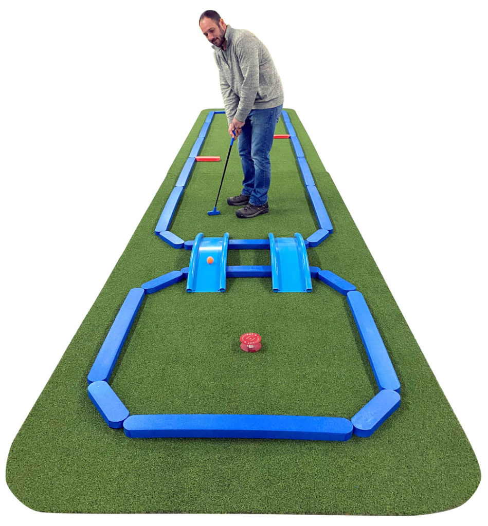 Putting on an AmericanPie™ Mini Golf hole. The faux wood edge system is pinned together with slide-in connector brackets.