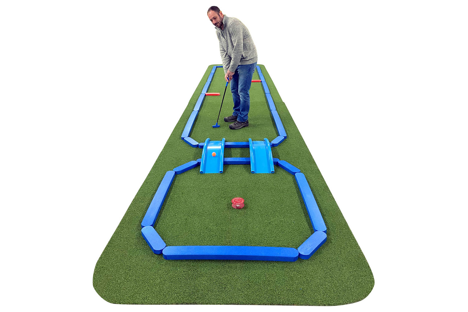 Putting on an AmericanPie™ Mini Golf hole. The faux wood edge system is pinned together with slide-in connector brackets.