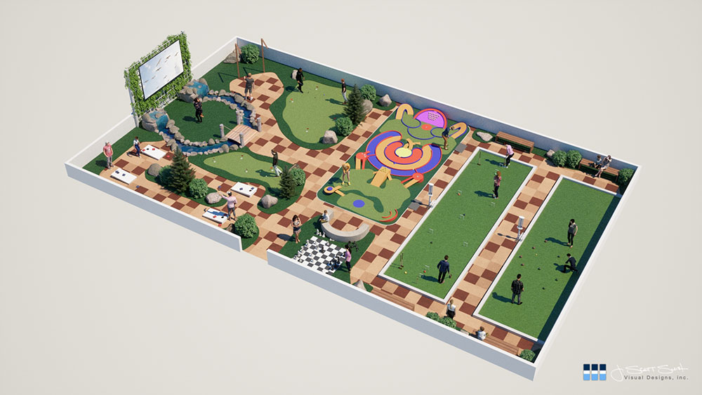 Artist rendering of the GameCourt Promenade™ shows how Basketball courts can be repurposed into a park-like family activity center.