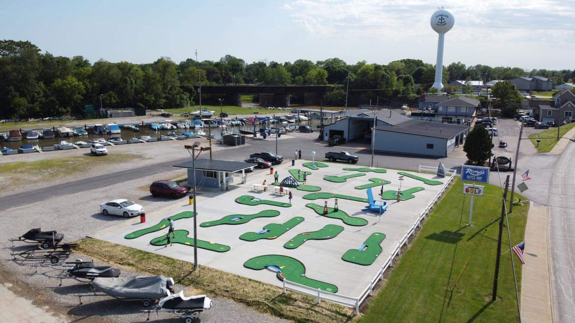 Aerial view of the AGS AnyWhere Links, Jr.® mini golf course at Romp’s Putter Port, Vermillion, OH