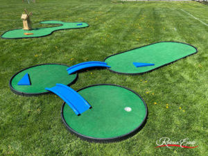 SplitShot® type of hole using blue bridges to connect tee-to-green-to-hole at Northport High School in Northport, NY.