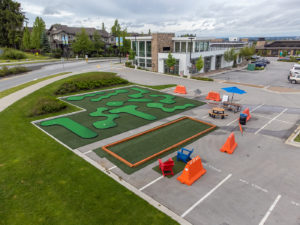 Overhead view of an AGS mini golf course in a parking lot. Part of the Delta, BC FUN-iture project