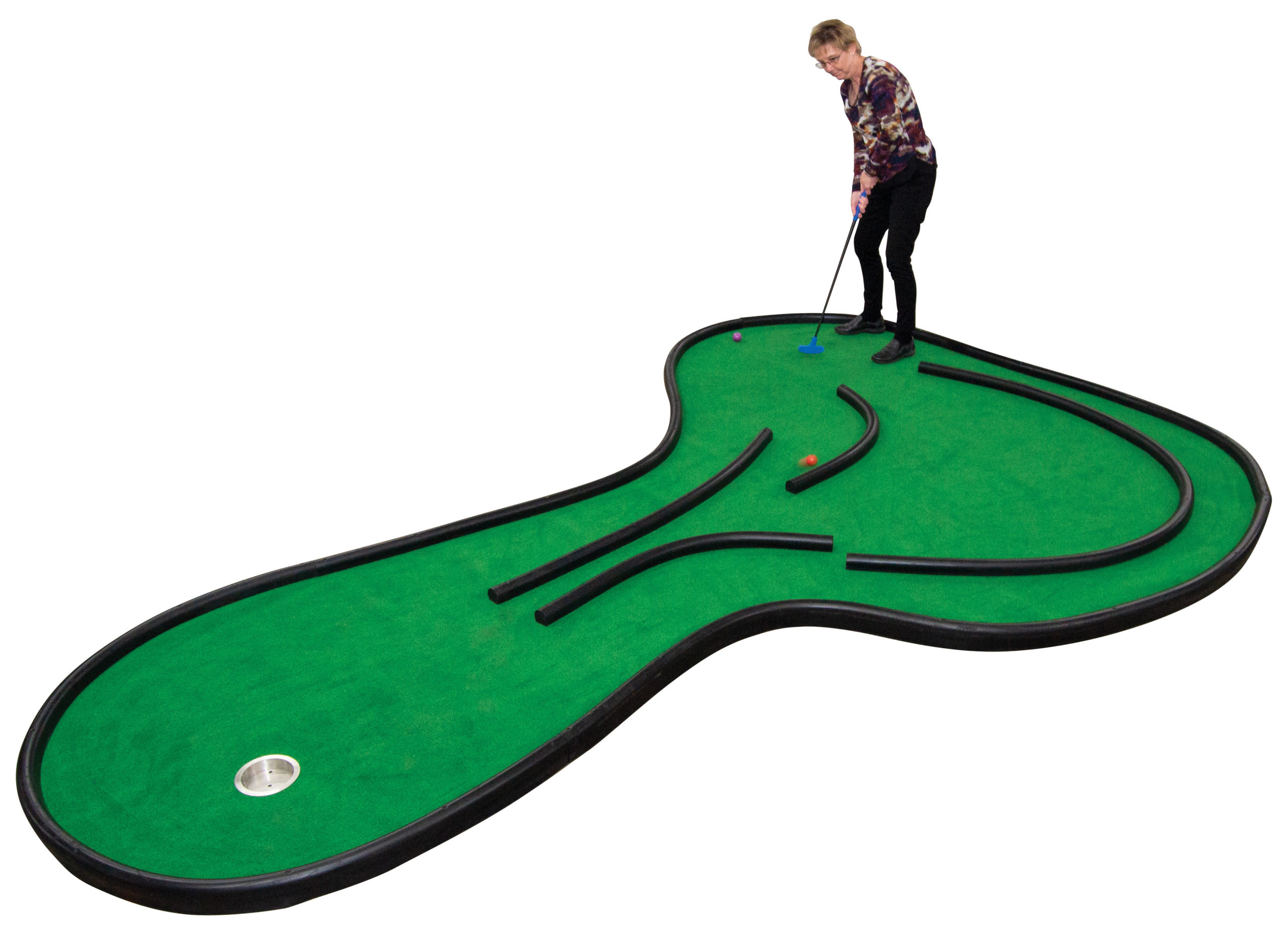 Play putts along one of four curved rubber “edges” that offer different paths to the mini golf hole