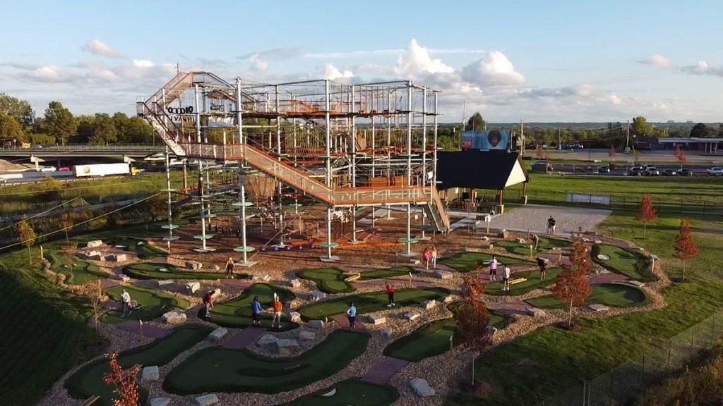 18-hole Modular Advantage Mini Golf Course installed around a 4-story outdoor Aerial Adventure Tower