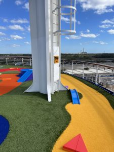 AGS included a blue ramp to help mini golfers go around a Funnel tower on the Carnival Elation