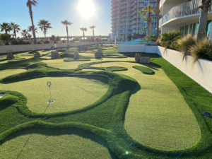 Bright sunshine highlights Caribe Resort’s rooftop mini golf course designed and installed by AGS
