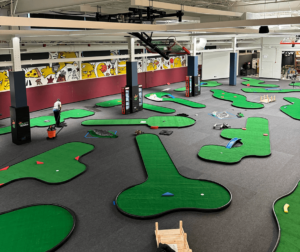 The Barstool Chicago Mini Golf Open course being laid out with the AnyWhereLinks® Jr. modular course