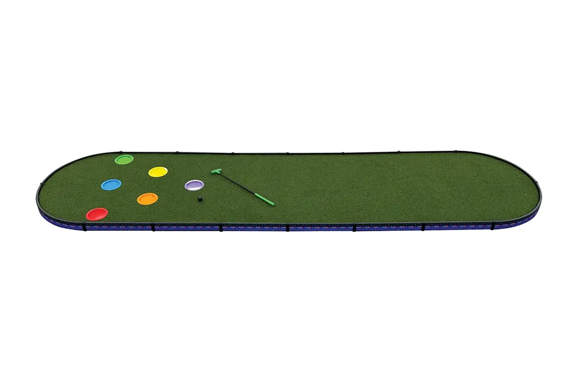 The six golf holes on the PongMiniGolfBoard™ have specific colors that match an accompanying pongboard scoring rack.