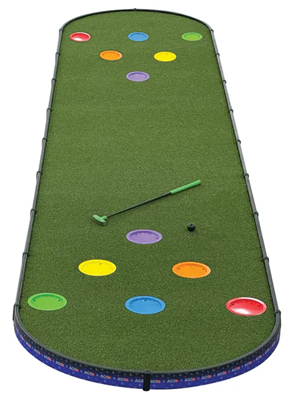 Alt Tag: Portable AGS PongBoardMiniGolf™ hole cups are arranged in a pyramid pattern at each end